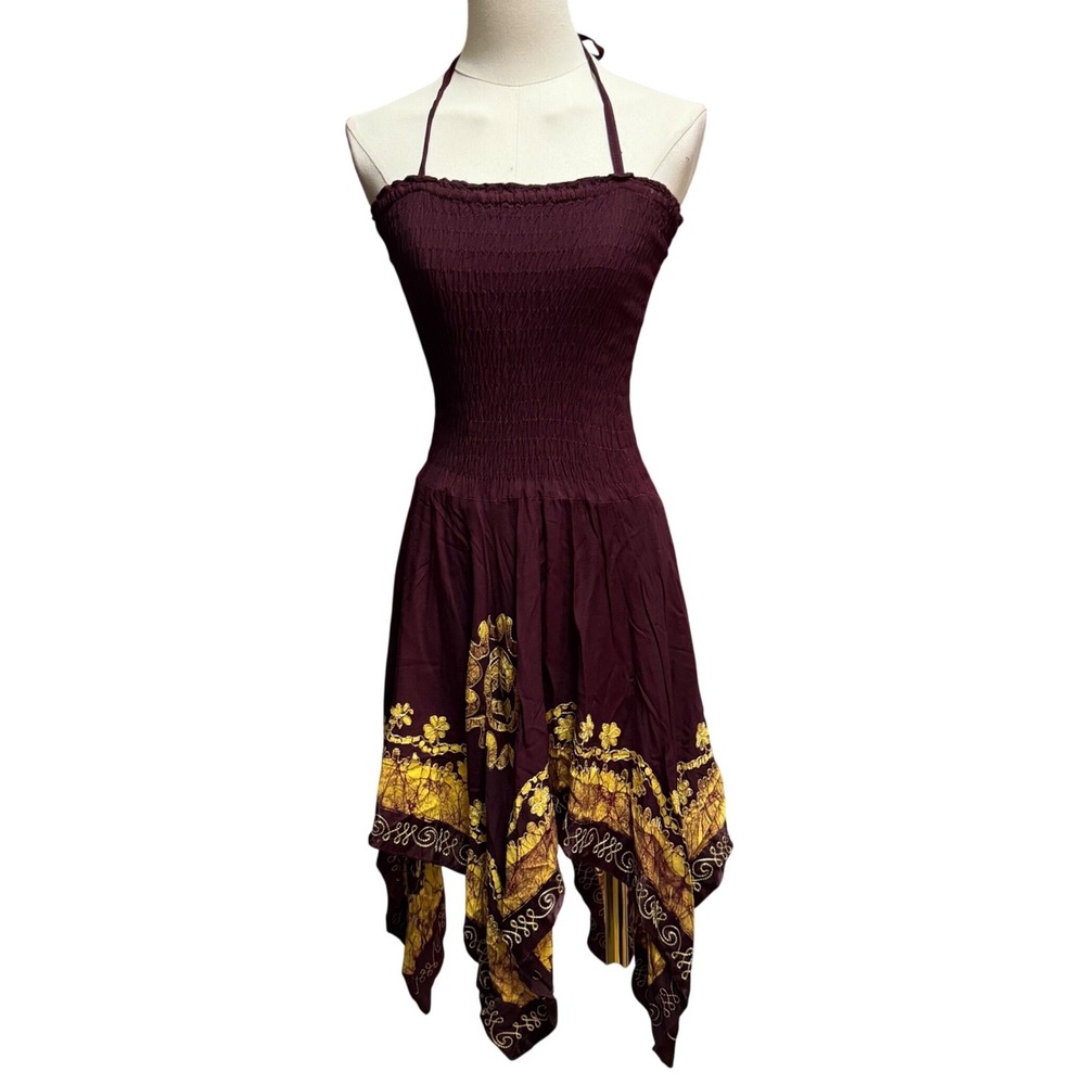 Fashion Limited Halter Dress Womens One Size Burgundy Good Boho Batik Smocked